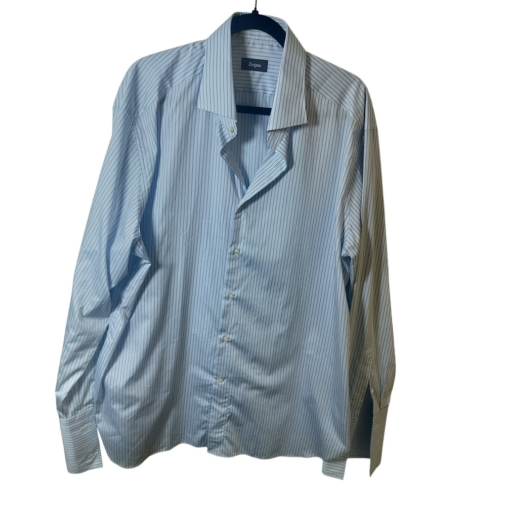 Zegna Mens Striped Dress Shirt Light Blue White French Cuff 17.75 45 XL